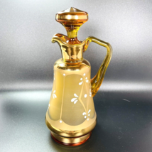 Czech Amber Glass Cruet w Stopper Clear Frosted Hand Painted Flowers 7” #51 - £22.15 GBP