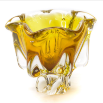 Vintage Yellow Caramel Free Form Art Glass Candy Dish Barge Bowl Heavy 6... - $39.57