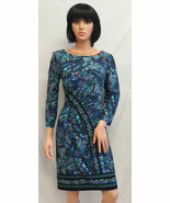 LESLIE FAY Green Blue Paisley Print Stretch 3/4 Sleeve Dress 6 NWT  - $1,311.47 MXN