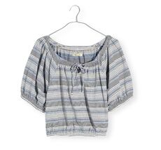 Madewell Jacquard Keyhole Puff Sleeve Crop Top Stripe Tranquil Ocean Siz... - $34.65
