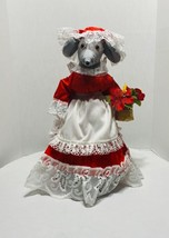 18&quot; Old Christmas Grey Grandma Mouse Red Dress Handmade Holding Flowers Basket - £60.30 GBP