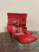 Red Pull-on Double Buckle Pointed Toe Stretchy Ankle Boots Stiletto Heels Size 7 - £27.69 GBP