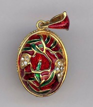 Russian  Silver Faberge Egg Pendant Red w/gold rim, vine-like and gem clusters. - $29.65