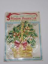 NOS Vintage Christmas Window Hang Stain Glass Style Poinsettia Candy Cane - $15.00