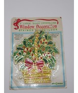 NOS Vintage Christmas Window Hang Stain Glass Style Poinsettia Candy Cane - £11.82 GBP