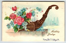 Birthday Flowers Postcard Gold Trimmed Embossed Pink Roses Basket Germany - $5.66