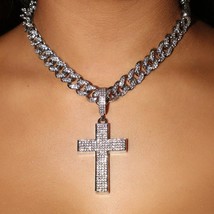 Cuban Link Cross Necklace Chain Ice Out Women Men Luxury Rhinestone Pendant Hip - £24.05 GBP