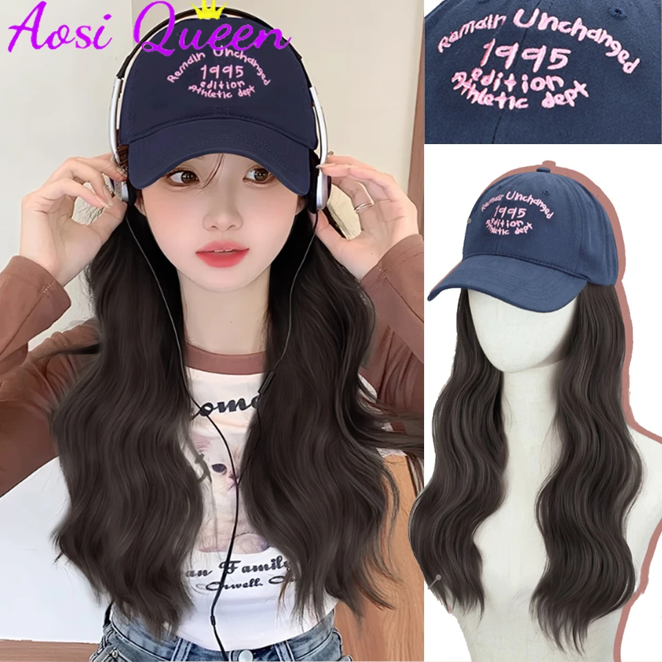 AOSI Hat Wig 2023 New One-piece Long Hair American Retro Long Curly Hair With - $22.71