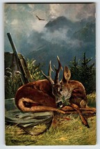 Postcard Deer Rifle Mountains Mist Rustic Nature Signed Muller KF France 1383 - £15.45 GBP