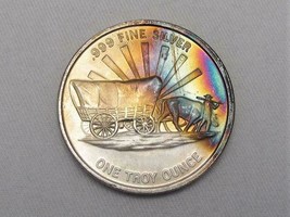 Oregon Trail Covered Wagon Prospector .999 Silver 1oz. Colorful Toning AH644 - $57.02