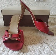 MERONA Dark Red Genuine Leather Mules Heel Sandals Open Toe Shoes Sz 8 Worn Once - £15.53 GBP