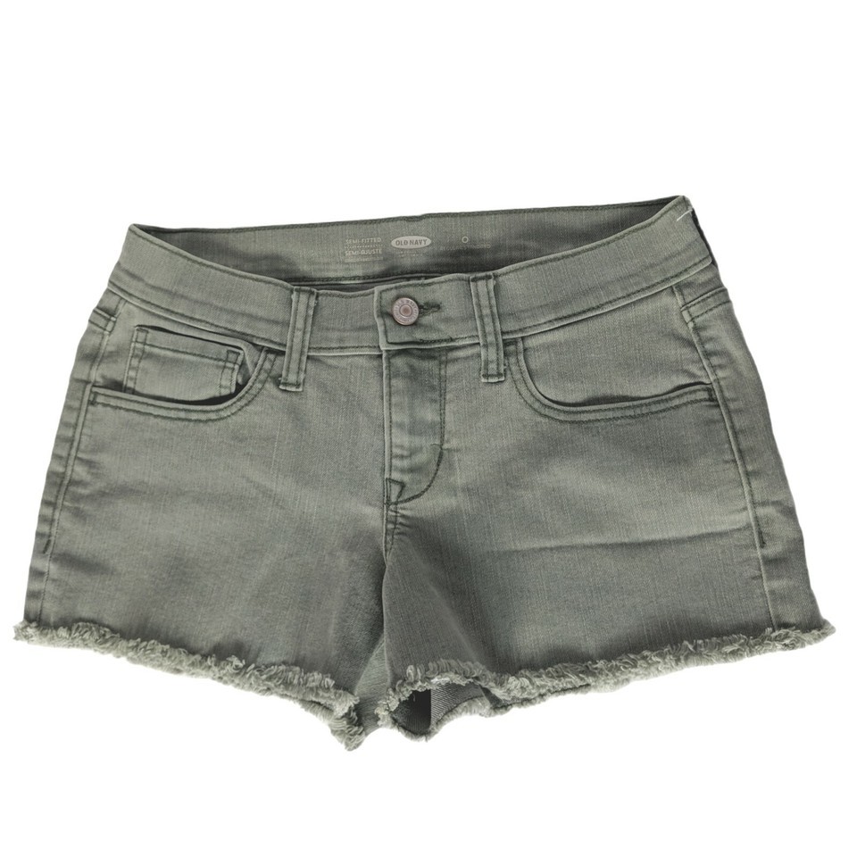 Old Navy Womens Semi Fitted Denim Booty Shorts 0 Olive Green Raw Hem Str... - $15.25