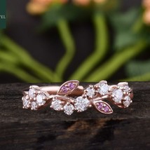Vintage Diamond Wedding Band Art Deco Leaf Rose Gold Branch Half Eternit... - £33.68 GBP
