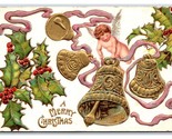 Campane Agrifoglio Cherubino Nastro Merry Christmas Dorato Goffrato 1909 DB - £4.06 GBP