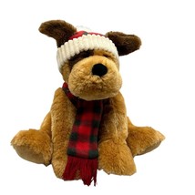 Hugfun Intl Christmas Brown Dog Puppy Winter Buffalo Plaid Knit Hat Scarf Plush - £10.31 GBP