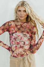 Red Floral Print Sheer Mesh Long Sleeve Top - $6.83