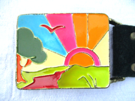 Off the Hip Vintage Art Belt Rainbow Sun Seagull Enamel Buckle Suede Str... - $30.40
