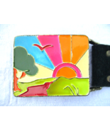 Off the Hip Vintage Art Belt Rainbow Sun Seagull Enamel Buckle Suede Str... - £23.90 GBP