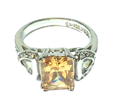Champagne CZ Solitaire with Accents Ring Size 7.75 Silver Tone - £14.38 GBP