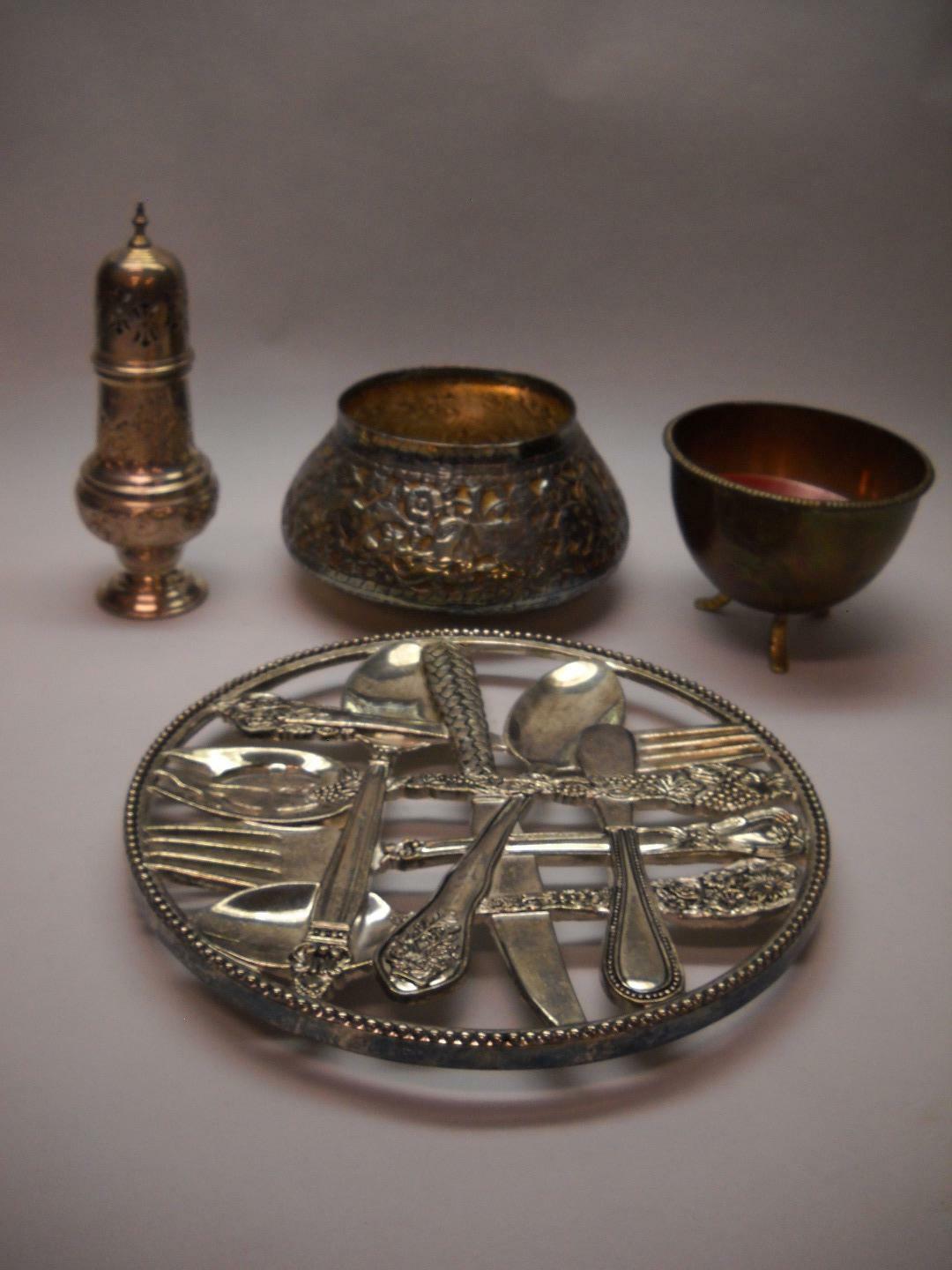 Primary image for LOT 4 Metal Items Hanging Silver Ware THAI Bowl COPPER HAND CHASED SUGARSHAKER