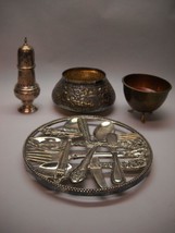 Lot 4 Metal Items Hanging Silver Ware Thai Bowl Copper Hand Chased Sugarshaker - £156.44 GBP