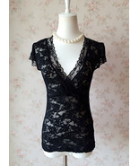 Black V-neck Lace Tops Outfit Women Short Sleeve Plus Size Lace Topper - $54.57 CAD