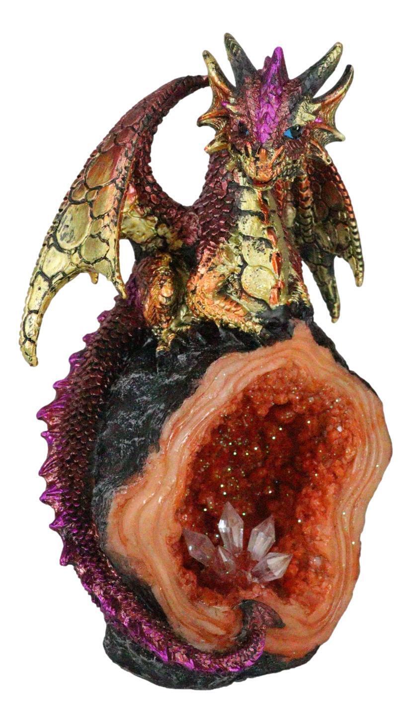 Metallic Red Iridescent Dragon On Faux Geode Rock Quartz Crystal Cove Figurine Item image 4