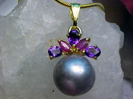 Natural Gray Pearl Pendant 11mm Rd&amp; Rubies &amp; Amethyst 925 SS/GOLD Finish &amp; Chain - £12.02 GBP