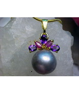 NATURAL GRAY PEARL PENDANT 11mm RD&amp; Rubies &amp; Amethyst 925 SS/GOLD FINISH... - £11.77 GBP