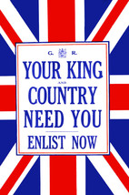 Your King and Country Need You Patriotic Union Jack Military Recruitment 24x18 P - £19.12 GBP