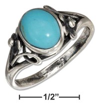 Sterling Silver Oval Reconstituted Turquoise Ring with Small Flower Scrolled - £106.22 GBP
