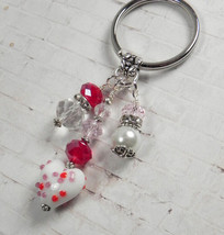 Heart Glass Crystal Rhinestone Beaded Handmade Split Ring Keychain White Red - £13.28 GBP