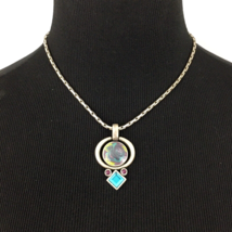 CHICO&#39;S silver-tone pendant necklace - aqua blue marbled enamel 16&quot; - 19... - £14.42 GBP