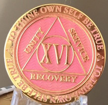 16 Year AA Medallion Pink Gold Plated Alcoholics Anonymous Sobriety Chip... - $15.99