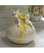 VINTAGE 1970's Egg Shaped Ceramic Trinket Candy Dish With Yellow Bow &amp; R... - $19.99