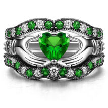 14K White Gold Finish Emerald &amp; Sim Diamond Claddagh Wedding Bridal Ring Set - £59.15 GBP