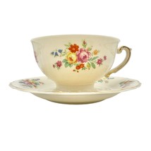 Federal Shape Syracuse China Cup and Saucer 6 inch Cream Flowers Gold Trim - £10.85 GBP
