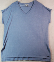 Orvis T Shirt Top Womens Size Large Blue Knit Polyester Cap Sleeve V Neck Slit - £9.83 GBP