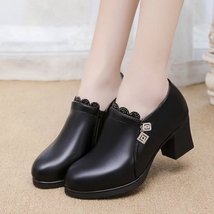 Women Shoes Spring Autumn Women Leather High Heel Pumps Shoes Lady Med Heels Off - £25.62 GBP