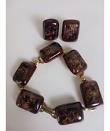 Beautiful Vintage  Porcelain Tile Chain Link Bracelet With Earrings Amber - $767.02 MXN
