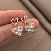 18K Gold Plated Delicate Zircon Heart Dangle Stud Earrings, Gift for Her - £17.65 GBP
