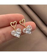 18K Gold Plated Delicate Zircon Heart Dangle Stud Earrings, Gift for Her - £17.69 GBP