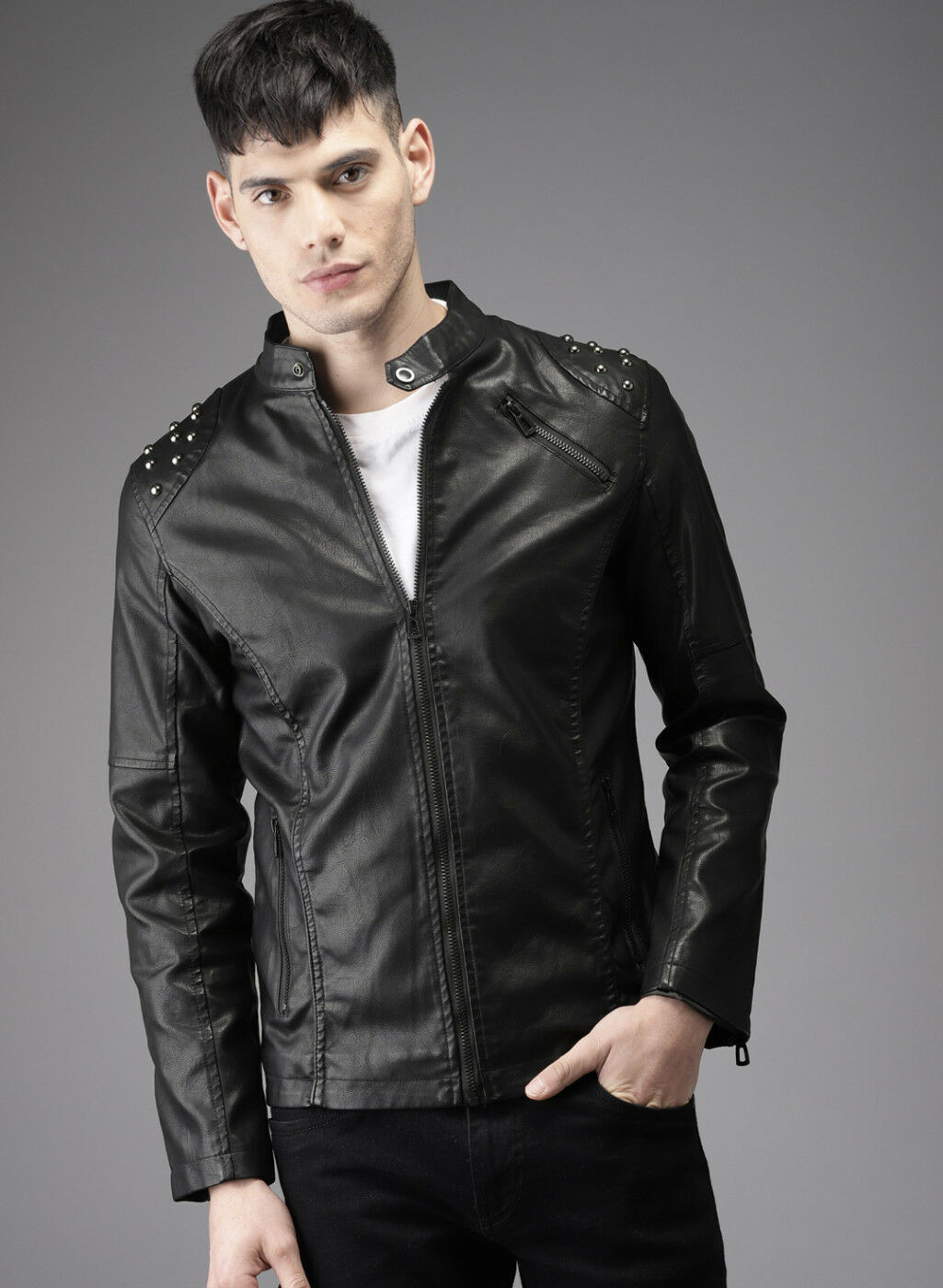 Men's Black Biker Tab Collar Genuine Leather Silver Studded Shoulder Slim Jacket