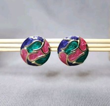 Round Stud Earrings Gold-tone Purple Green &amp; Pink Enamel Swirl Vintage Jewelry - £10.77 GBP