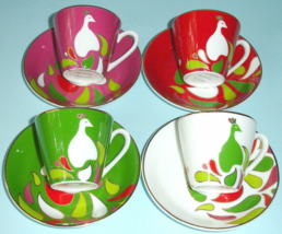 Kate Spade Festive Peacock Demitasse Cup &amp; Saucer SET/4 Mixed Colors New Hat Box - £47.40 GBP