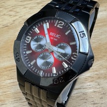 Relic Quartz Watch ZR15486 Men 50m Black Red Steel Rotating Bezel New Battery 7&quot; - £17.73 GBP