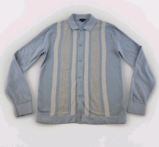 Express Mens Knit Cardigan Shirt Sz M Light Blue Gray Vertical Stripe Co... - $31.67