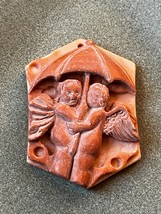 Exquisitely Carved Two Cute Angels Under Umbrella Rusty Orange Pendant or Other - £23.06 GBP