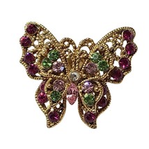 Colorful Rhinestone Butterfly Pin Brooch Gold Tone Pink Green Purple - $19.95