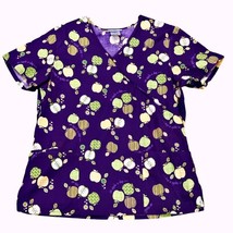 SB Scrubs Top Womens Size Medium Purple with Green Apples a Day V Neck Pockets - £7.63 GBP